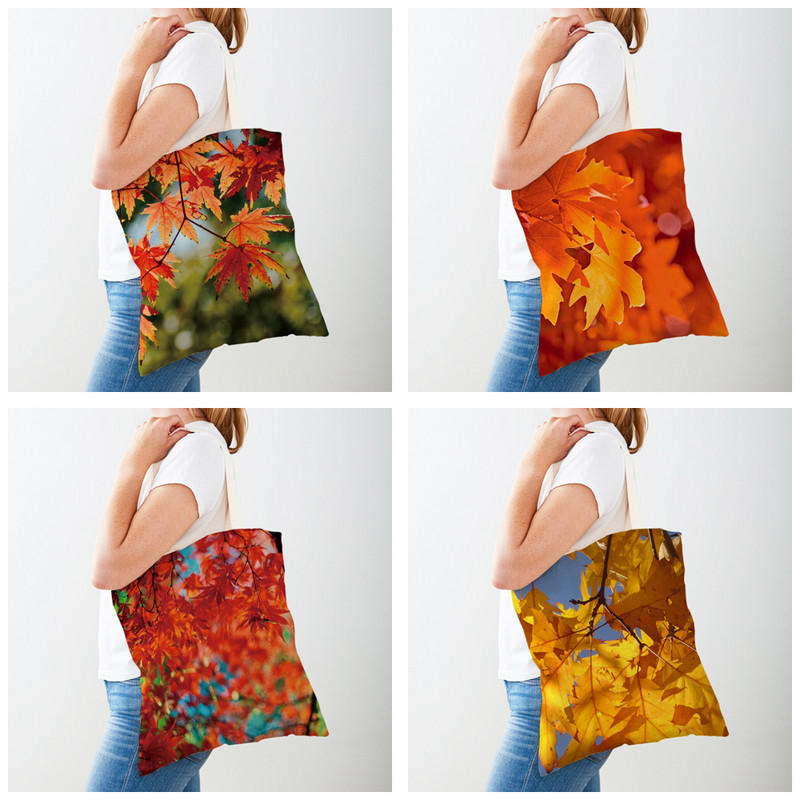 Дамска чанта за пазаруване от канадски кленов лист, голяма чанта, ръчна чанта, растение, дърво, цвете, двоен печат Ежедневни платнени дамски чанти за многократна употреба