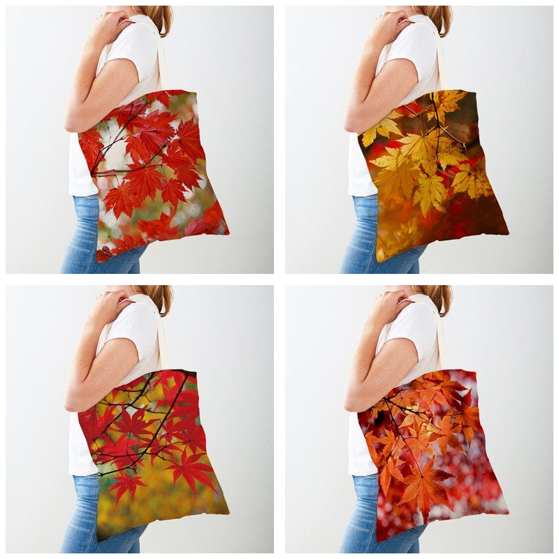Дамска чанта за пазаруване от канадски кленов лист, голяма чанта, ръчна чанта, растение, дърво, цвете, двоен печат Ежедневни платнени дамски чанти за многократна употреба