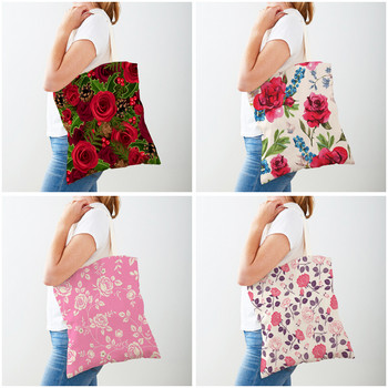 Τσάντες αγορών Cartoon Floral Bird Τσάντες αγορών για γυναίκες και στις δύο όψεις Επαναχρησιμοποιήσιμη τσάντα αγορών Μόδα ροζ λουλούδι με εκτύπωση Casual τσάντα από καμβά