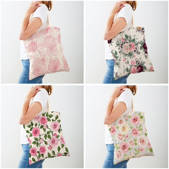 Τσάντες αγορών Cartoon Floral Bird Τσάντες αγορών για γυναίκες και στις δύο όψεις Επαναχρησιμοποιήσιμη τσάντα αγορών Μόδα ροζ λουλούδι με εκτύπωση Casual τσάντα από καμβά