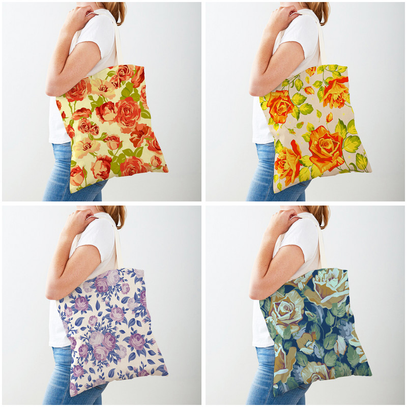 Пазарски чанти с анимационни цветя с птици за жени Двустранна чанта за пазаруване за многократна употреба Модна ежедневна платнена чанта с принт на цветя от роза