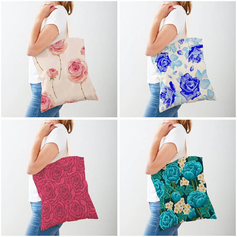 Пазарски чанти с анимационни цветя с птици за жени Двустранна чанта за пазаруване за многократна употреба Модна ежедневна платнена чанта с принт на цветя от роза
