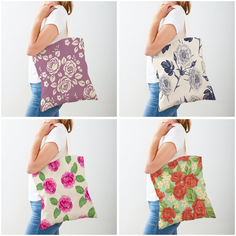 Пазарски чанти с анимационни цветя с птици за жени Двустранна чанта за пазаруване за многократна употреба Модна ежедневна платнена чанта с принт на цветя от роза