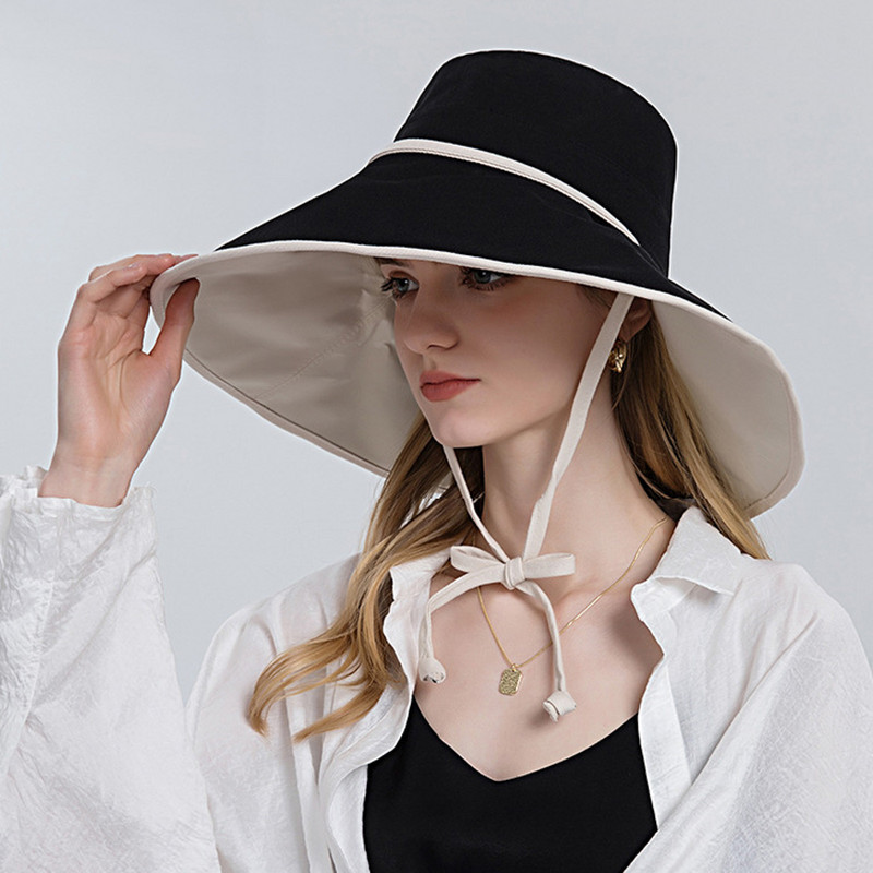 Дамска слънцезащитна слънцезащитна шапка на открито Изцяло вързана, двойна голяма слънчева шапка с поля, плажна шапка, естествена коса