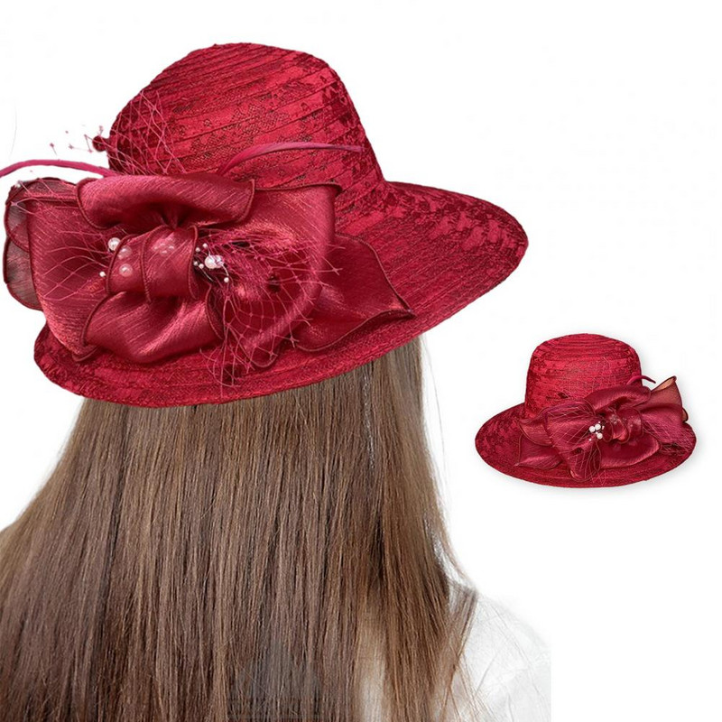 Дамска шапка Елегантна плажна шапка с дантелени шевове с широка периферия с изкуствени перли Цветен декор Лятна дамска шапка тип кофа Цвете