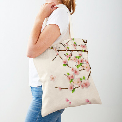 Pink Peach Blossom vásárlói táska hordtáska kézitáska újrafelhasználható akvarell Plant Tree Bird dupla nyomtatással alkalmi vászon női bevásárlótáskák