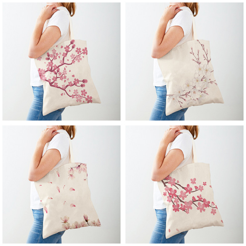 Pink Peach Blossom Shopper Bag Tote Ръчна чанта Многократна употреба Акварел Растение Дърво Птица Двоен печат Ежедневни платнени дамски чанти