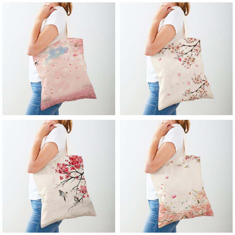 Pink Peach Blossom Shopper Bag Tote Ръчна чанта Многократна употреба Акварел Растение Дърво Птица Двоен печат Ежедневни платнени дамски чанти