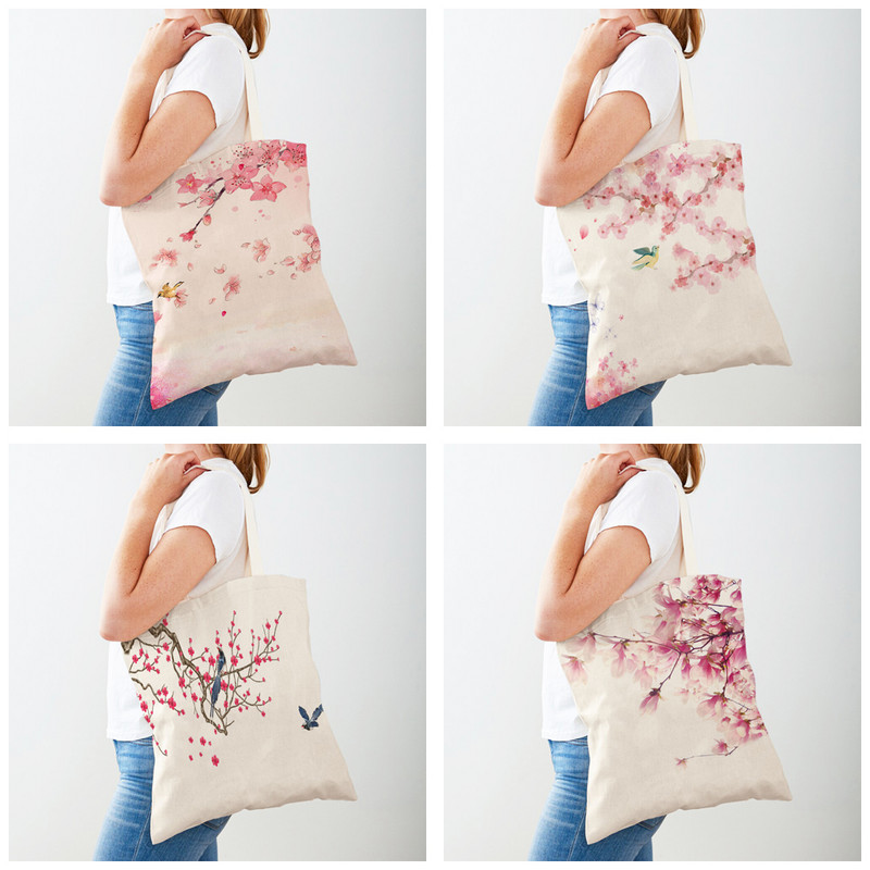 Pink Peach Blossom Shopper Bag Tote Ръчна чанта Многократна употреба Акварел Растение Дърво Птица Двоен печат Ежедневни платнени дамски чанти