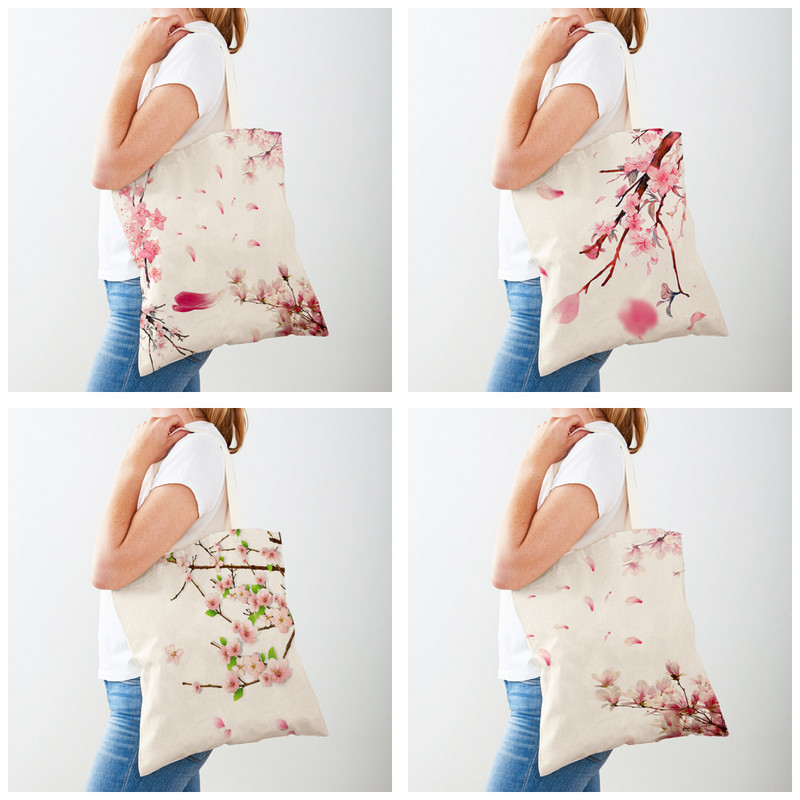 Pink Peach Blossom Shopper Bag Tote Ръчна чанта Многократна употреба Акварел Растение Дърво Птица Двоен печат Ежедневни платнени дамски чанти