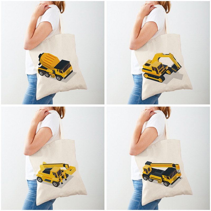 Ежедневна платнена пазарска чанта за ученици, деца, чанти за пазаруване, багер, булдозер, ръчна чанта, многократна употреба, двустранен печат, анимационен автомобил