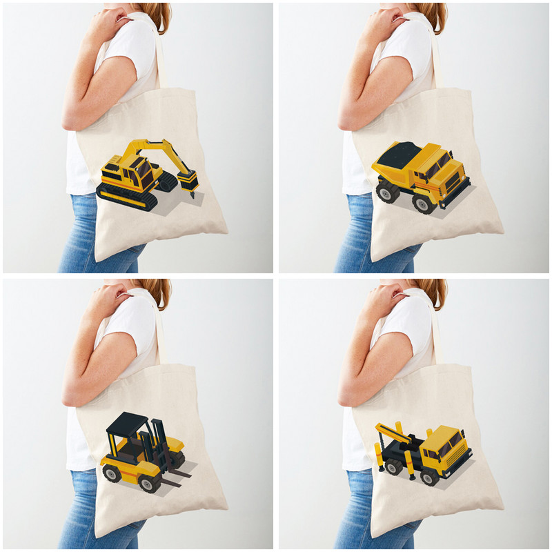 Ежедневна платнена пазарска чанта за ученици, деца, чанти за пазаруване, багер, булдозер, ръчна чанта, многократна употреба, двустранен печат, анимационен автомобил