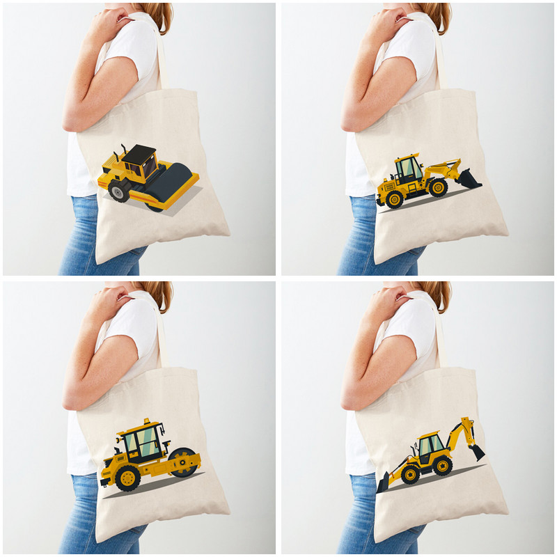 Ежедневна платнена пазарска чанта за ученици, деца, чанти за пазаруване, багер, булдозер, ръчна чанта, многократна употреба, двустранен печат, анимационен автомобил