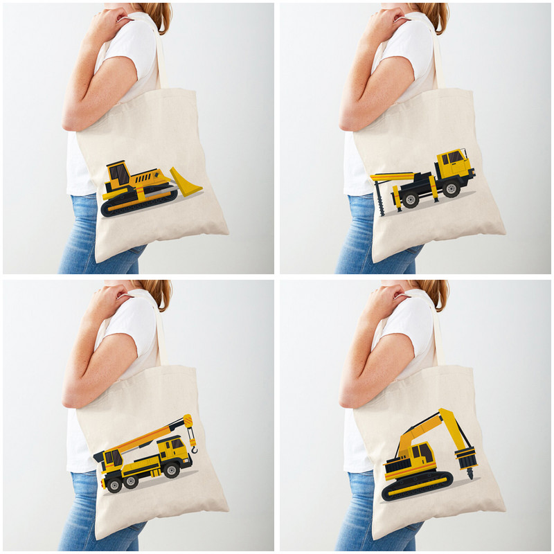 Ежедневна платнена пазарска чанта за ученици, деца, чанти за пазаруване, багер, булдозер, ръчна чанта, многократна употреба, двустранен печат, анимационен автомобил