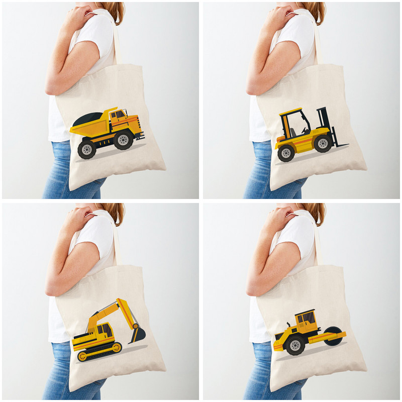 Ежедневна платнена пазарска чанта за ученици, деца, чанти за пазаруване, багер, булдозер, ръчна чанта, многократна употреба, двустранен печат, анимационен автомобил