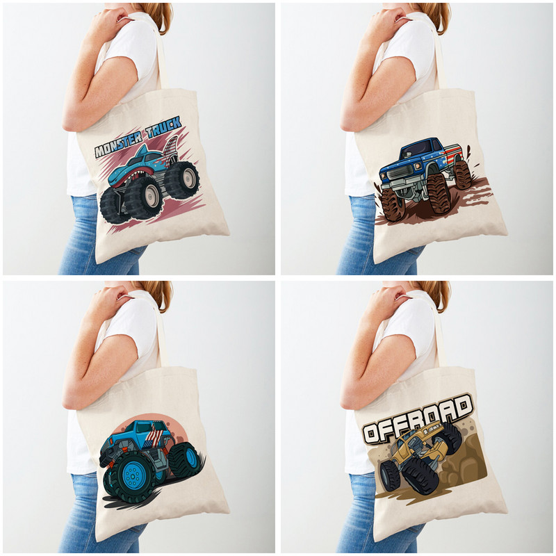 America Monster Truck Tote Ръчна чанта Shopper Bag за жени Ежедневна анимационна кола Двустранна модна дамска платнена пазарска чанта