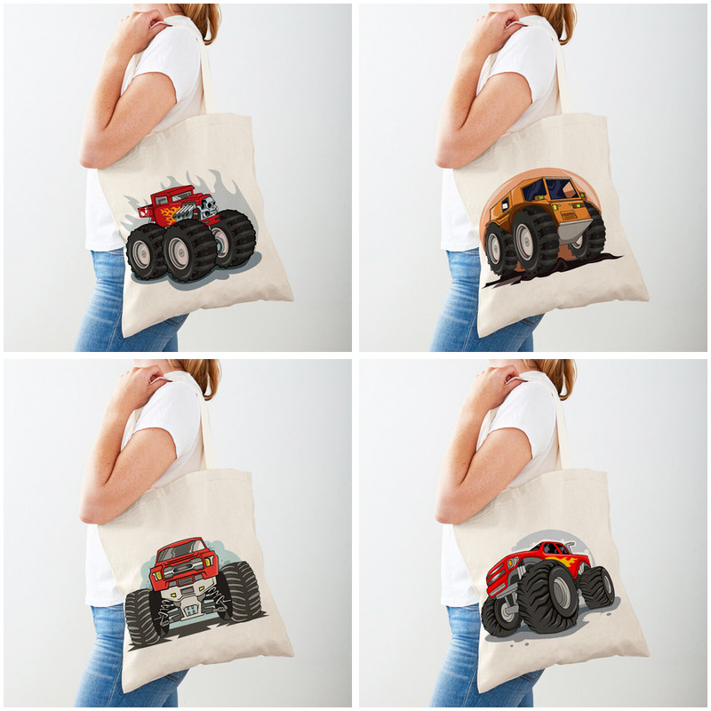 America Monster Truck Tote Ръчна чанта Shopper Bag за жени Ежедневна анимационна кола Двустранна модна дамска платнена пазарска чанта