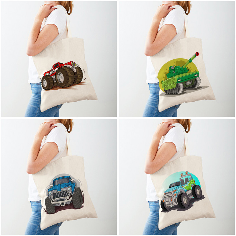America Monster Truck Tote Ръчна чанта Shopper Bag за жени Ежедневна анимационна кола Двустранна модна дамска платнена пазарска чанта