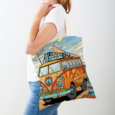 Happy Camper Art Cartoon House Shopper Bag Tote Rokassoma sievietēm Ikdienas abpusēji Ceļojumu Auto Sieviešu audekla iepirkumu somas