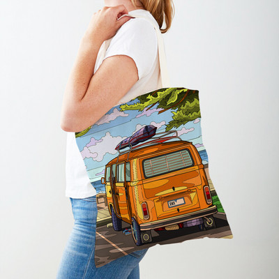 Happy Camper Art Cartoon House vásárlói táska hordtáska női alkalmi mindkét oldalon utazási autós női vászon bevásárlótáskák