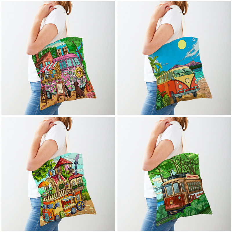 Happy Camper Art Cartoon House Shopper Bag Tote Ръчна чанта за жени Ежедневни двустранни пътнически дамски платнени пазарски чанти