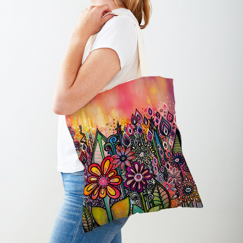 Двустранна карикатура Прозрачни слънчогледи Момиче Листа Чанта за пазаруване в супермаркет Дамска ръчна чанта Платнена цвете Дамски пазарски чанти