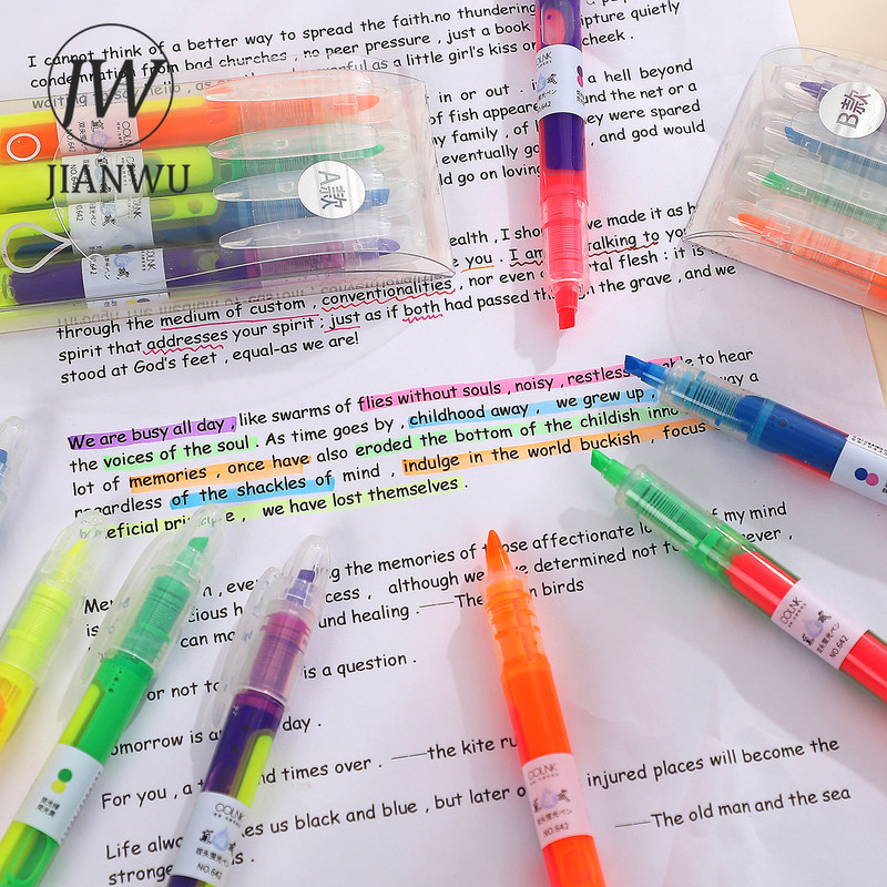 JIANWU 4 бр./компл. Опростено рисуване, писане, стационарни двойни глави, двуцветен прав течен хайлайтър, креативни ученически принадлежности