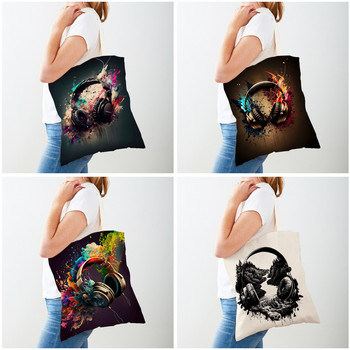 Πολύχρωμα ακουστικά Cyber Punk Γυναικείες τσάντες για ψώνια Διπλή εκτύπωση Casual Canvas Handbag Art Decor Μουσική Τσάντα Shopper Lady Tote