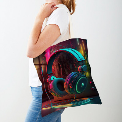 Színes Cyber Punk fejhallgató női bevásárlótáskák dupla nyomtatással alkalmi vászon kézitáska Art Decor zenei vásárlótáska női táska