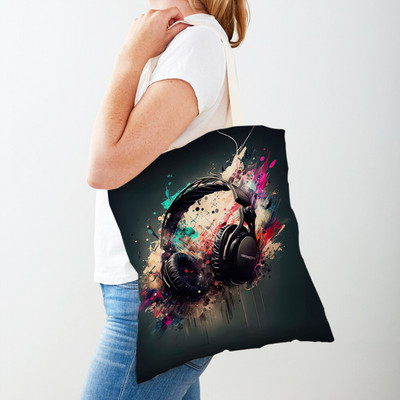 Színes Cyber Punk fejhallgató női bevásárlótáskák dupla nyomtatással alkalmi vászon kézitáska Art Decor zenei vásárlótáska női táska