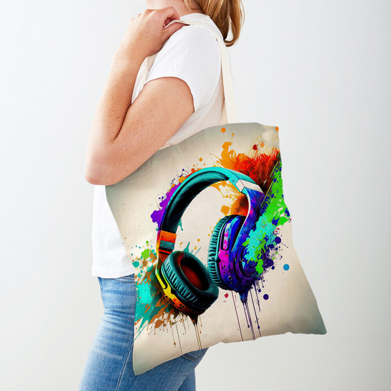 Цветни кибер пънк слушалки Дамски пазарски чанти Двойна щампа Ежедневна платнена чанта Art Decor Music Shopper Bag Lady Tote
