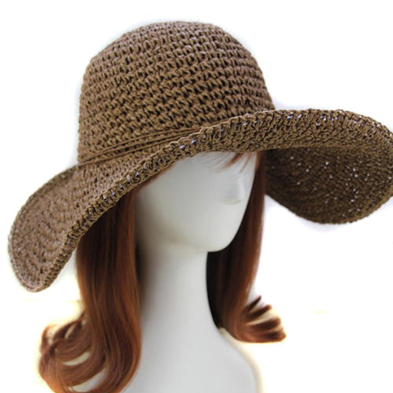 Дамска мека сламена шапка с широка периферия и елегантна слънчева шапка Сгъваема лятна плажна сламена шапка за жени Шапка за момичета Женски шапки от рафия