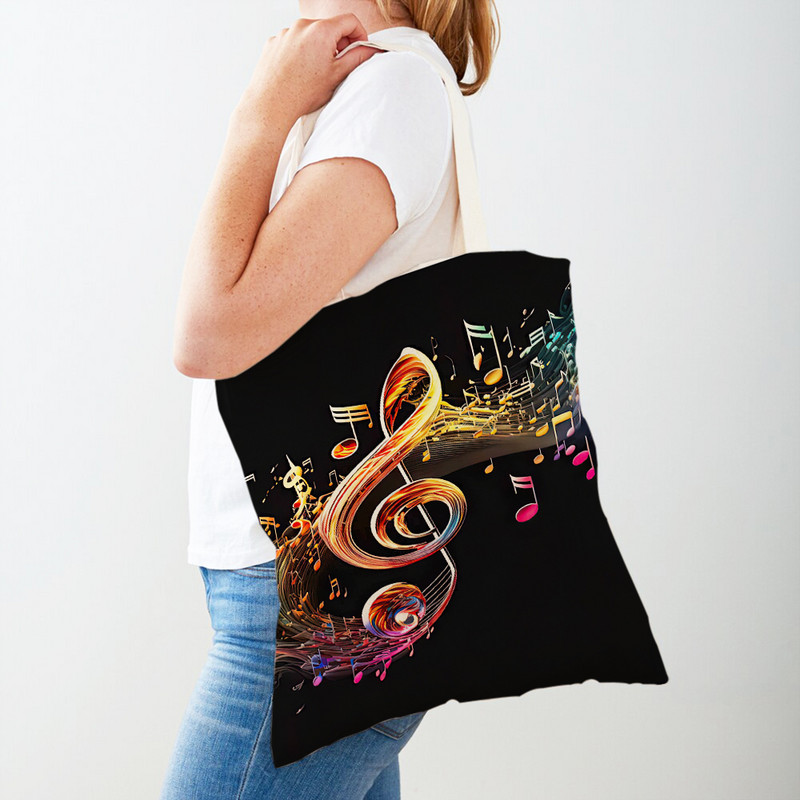Модна цветна дамска чанта с музикални ноти за дамски чанти за пазаруване Двойна щампа за многократна употреба Ежедневна еко дамска платнена пазарска чанта