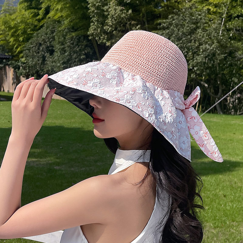 2023 Нова UV шапка с принт на цветя с голяма периферия Дамска лятна плажна шапка с лък Сгъваема празнична сладка анти-ултравиолетова универсална шапка с кофа