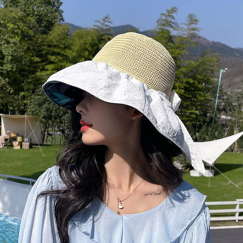 2023 Нова UV шапка с принт на цветя с голяма периферия Дамска лятна плажна шапка с лък Сгъваема празнична сладка анти-ултравиолетова универсална шапка с кофа