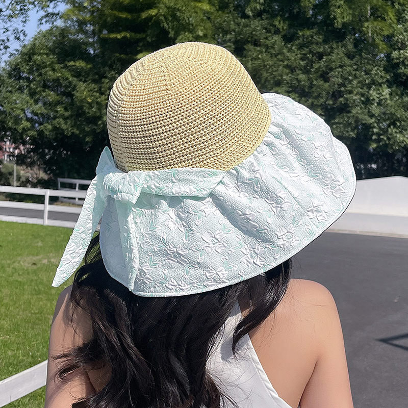 2023 Нова UV шапка с принт на цветя с голяма периферия Дамска лятна плажна шапка с лък Сгъваема празнична сладка анти-ултравиолетова универсална шапка с кофа