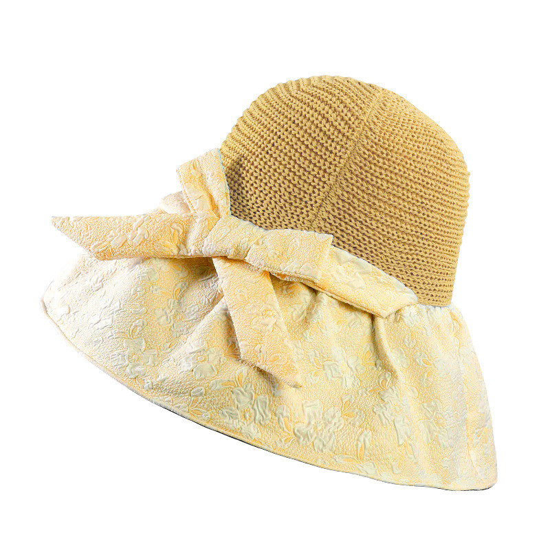 2023 Нова UV шапка с принт на цветя с голяма периферия Дамска лятна плажна шапка с лък Сгъваема празнична сладка анти-ултравиолетова универсална шапка с кофа