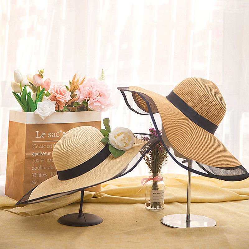 Панама Празнична сламена шапка Лятна нова черна мрежеста женска слънцезащитна покривка Морска ваканция Ваканционна сгъваема плажна шапка за слънце