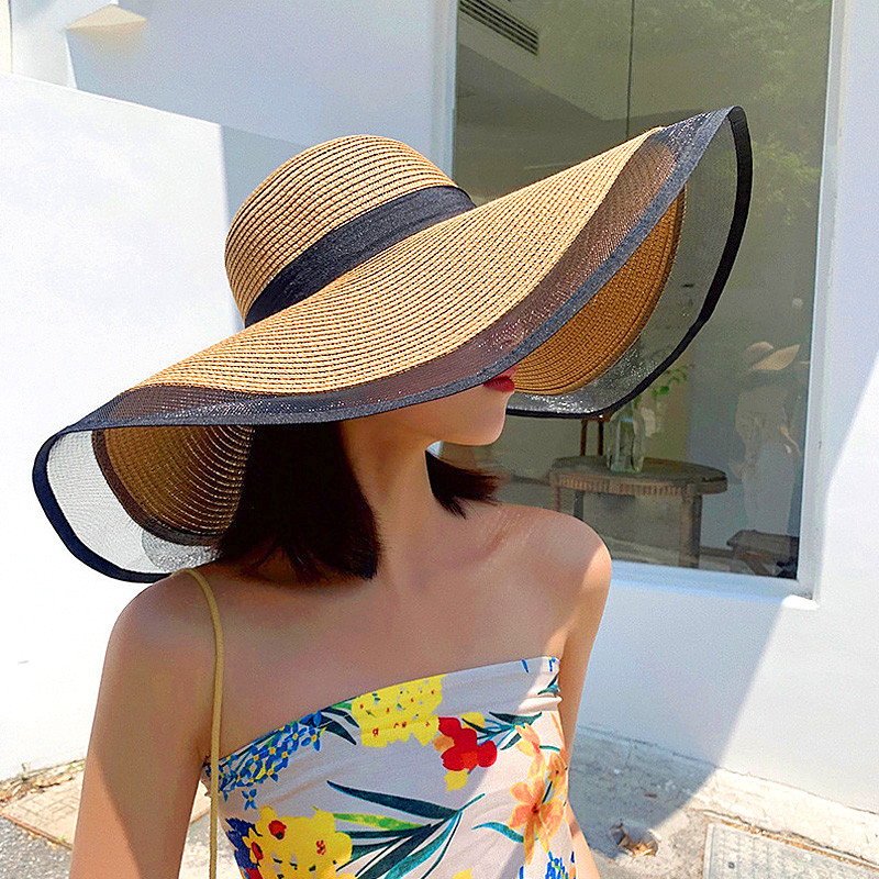 Панама Празнична сламена шапка Лятна нова черна мрежеста женска слънцезащитна покривка Морска ваканция Ваканционна сгъваема плажна шапка за слънце