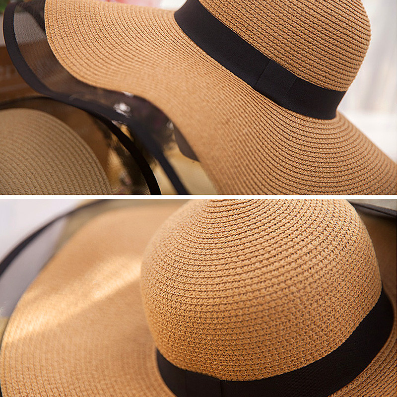 Панама Празнична сламена шапка Лятна нова черна мрежеста женска слънцезащитна покривка Морска ваканция Ваканционна сгъваема плажна шапка за слънце