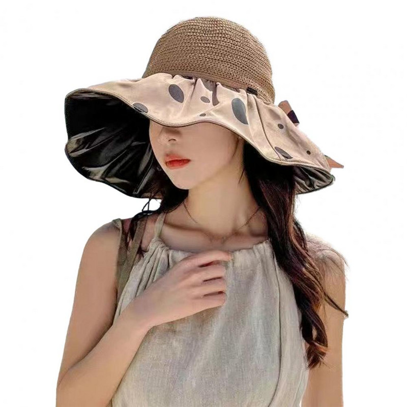 Дамска слънчева шапка с щампа на точки с широка периферия Риболовна шапка с дишаща куполна винилова подплата Сгъваема шапка с анти-UV декор с бантик Шапка за туризъм