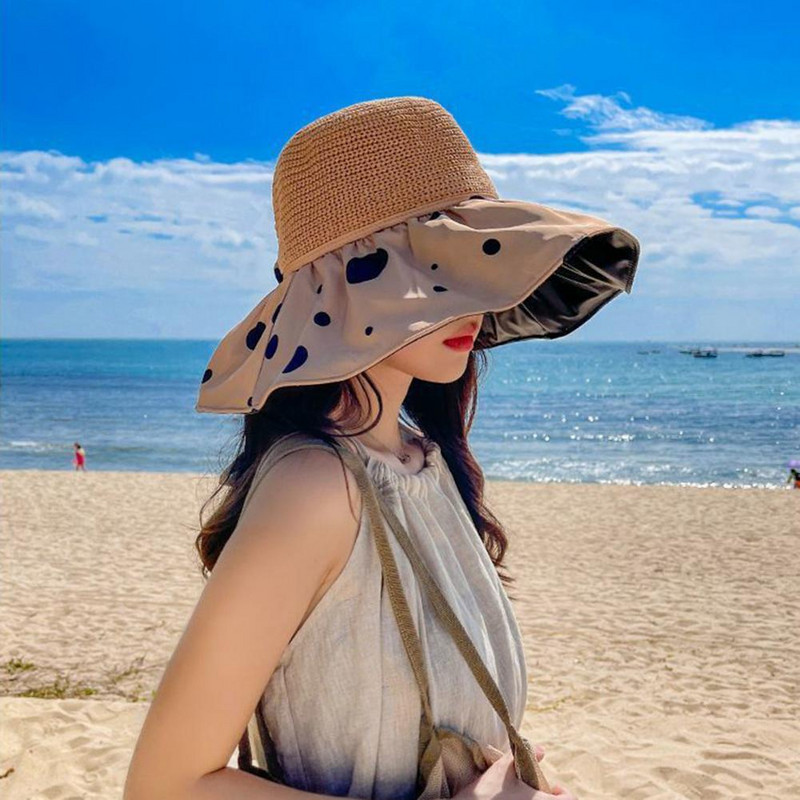 Дамска слънчева шапка с щампа на точки с широка периферия Риболовна шапка с дишаща куполна винилова подплата Сгъваема шапка с анти-UV декор с бантик Шапка за туризъм