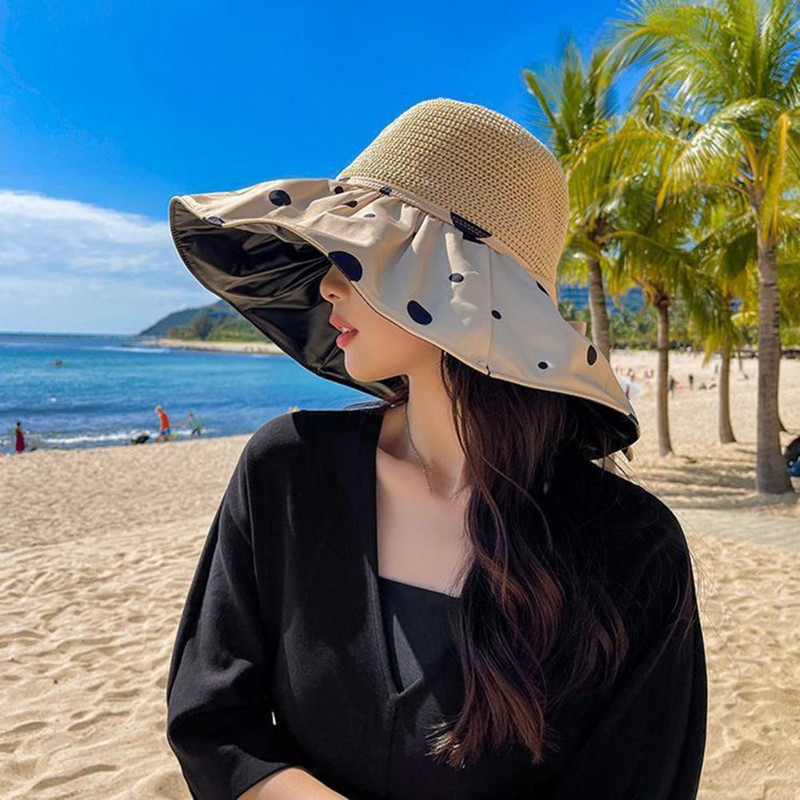 Дамска слънчева шапка с щампа на точки с широка периферия Риболовна шапка с дишаща куполна винилова подплата Сгъваема шапка с анти-UV декор с бантик Шапка за туризъм