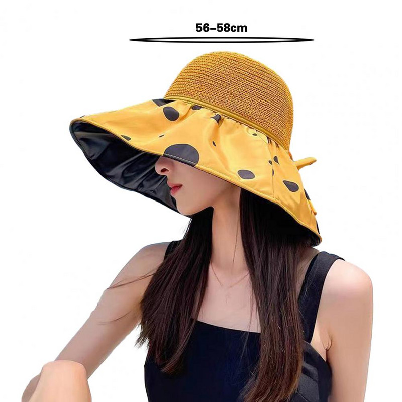 Дамска слънчева шапка с щампа на точки с широка периферия Риболовна шапка с дишаща куполна винилова подплата Сгъваема шапка с анти-UV декор с бантик Шапка за туризъм