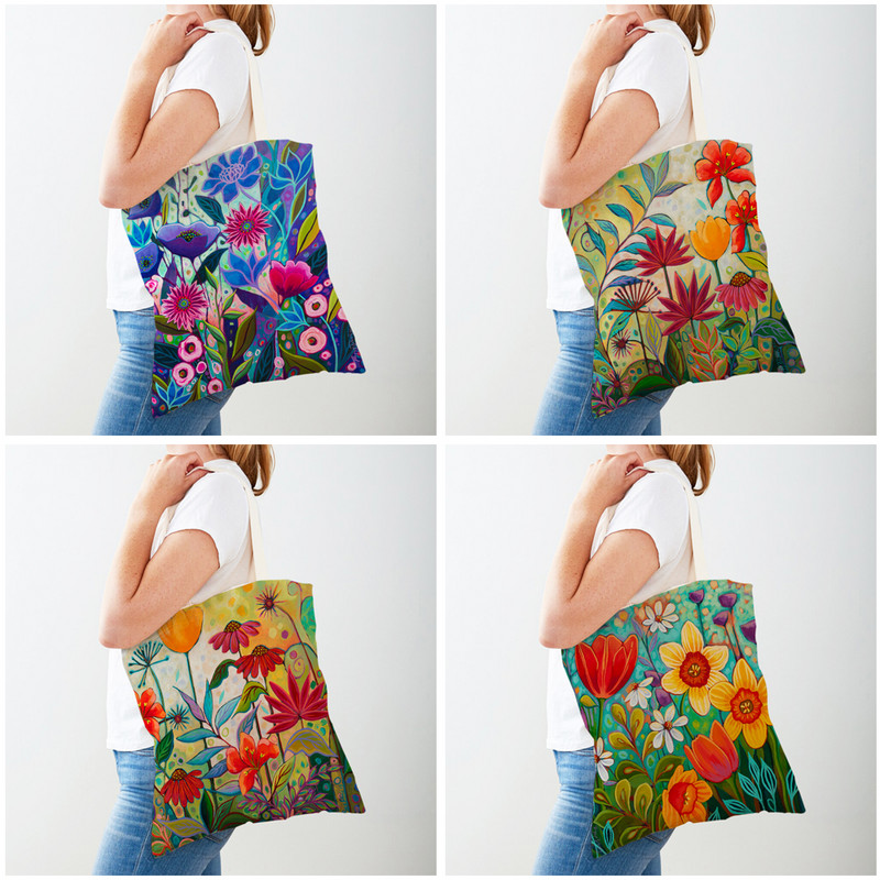 Акварелни цветя Дамски ежедневни пазарски чанти Двустранна анимационна флорална чанта за пазаруване Многократно сгъваеми платнени дамски чанти