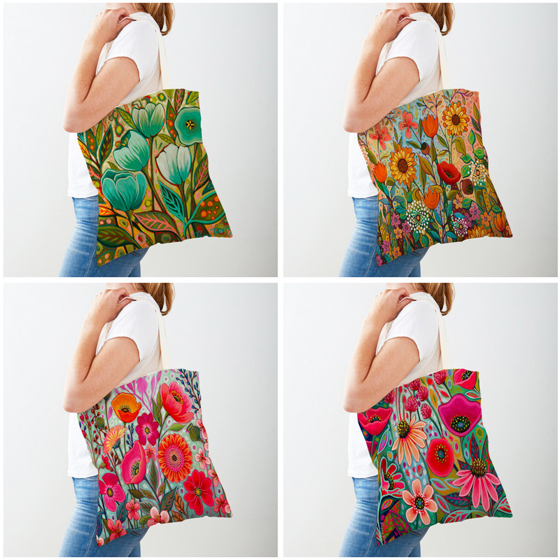 Акварелни цветя Дамски ежедневни пазарски чанти Двустранна анимационна флорална чанта за пазаруване Многократно сгъваеми платнени дамски чанти