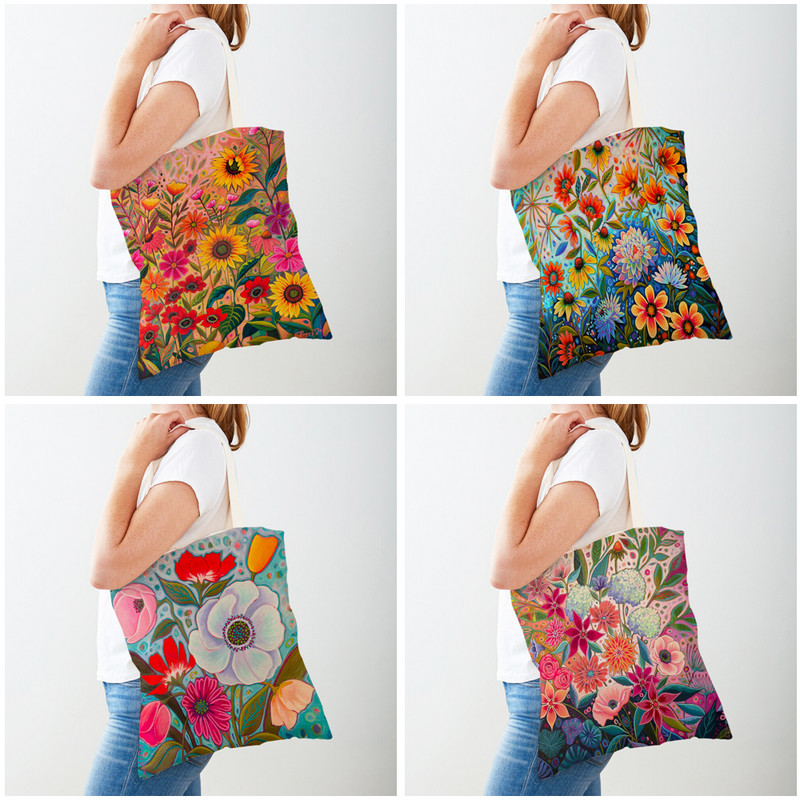 Акварелни цветя Дамски ежедневни пазарски чанти Двустранна анимационна флорална чанта за пазаруване Многократно сгъваеми платнени дамски чанти