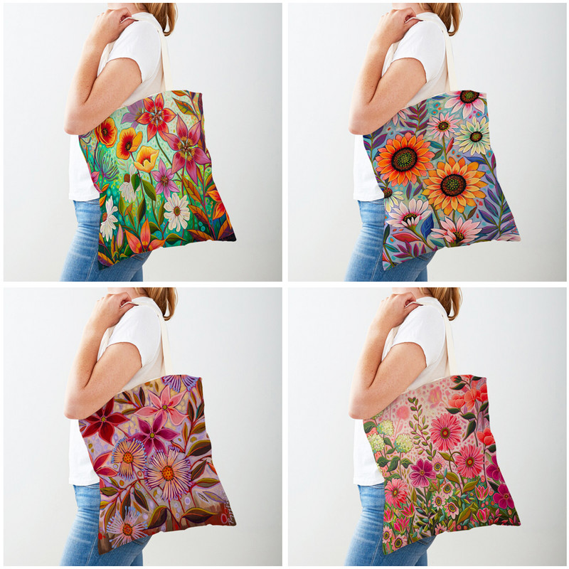 Акварелни цветя Дамски ежедневни пазарски чанти Двустранна анимационна флорална чанта за пазаруване Многократно сгъваеми платнени дамски чанти
