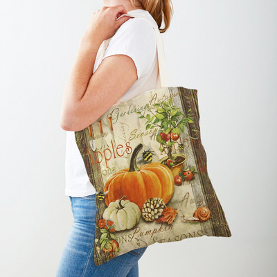 Ρετρό Rural Watercolor Pumpkin Τσάντα Shopper Τσάντα και στις δύο όψεις Cartoon House Tote Casual Lady Canvas Γυναικείες τσάντες αγορών