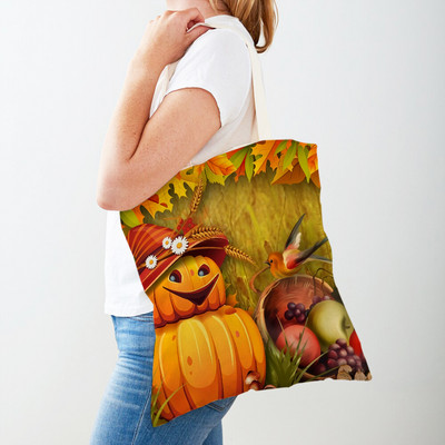 Ρετρό Rural Watercolor Pumpkin Τσάντα Shopper Τσάντα και στις δύο όψεις Cartoon House Tote Casual Lady Canvas Γυναικείες τσάντες αγορών